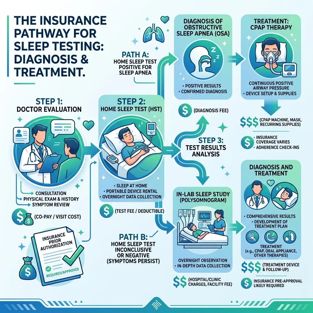 Insurance coverage pathway showing steps from doctor visit through home test to treatment or lab referral