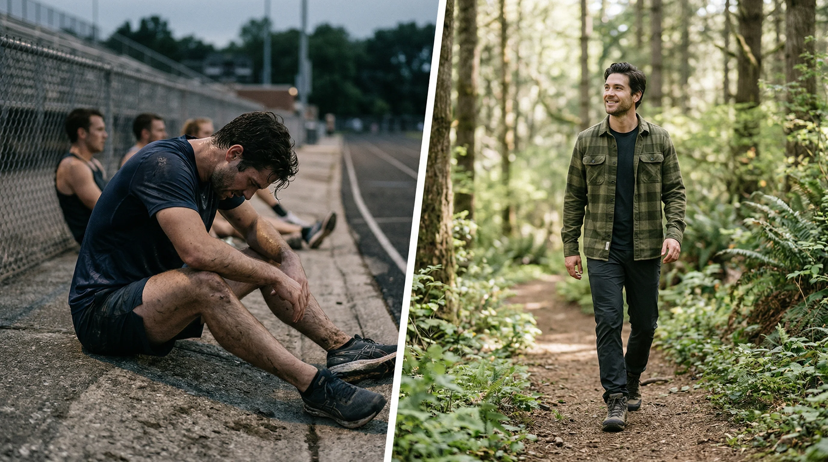 Contrast between an exhausted athlete after intense training and the same person recovered through gentle walking