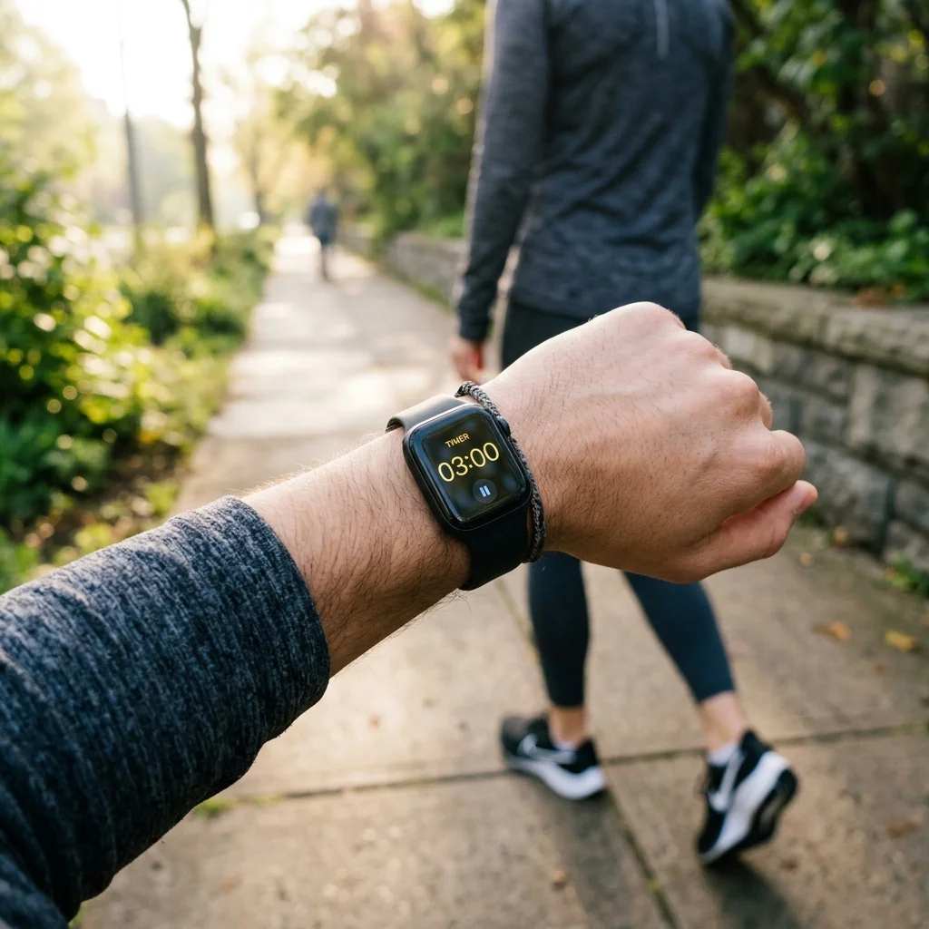 Fitness tracker showing three-minute interval timer during walking workout