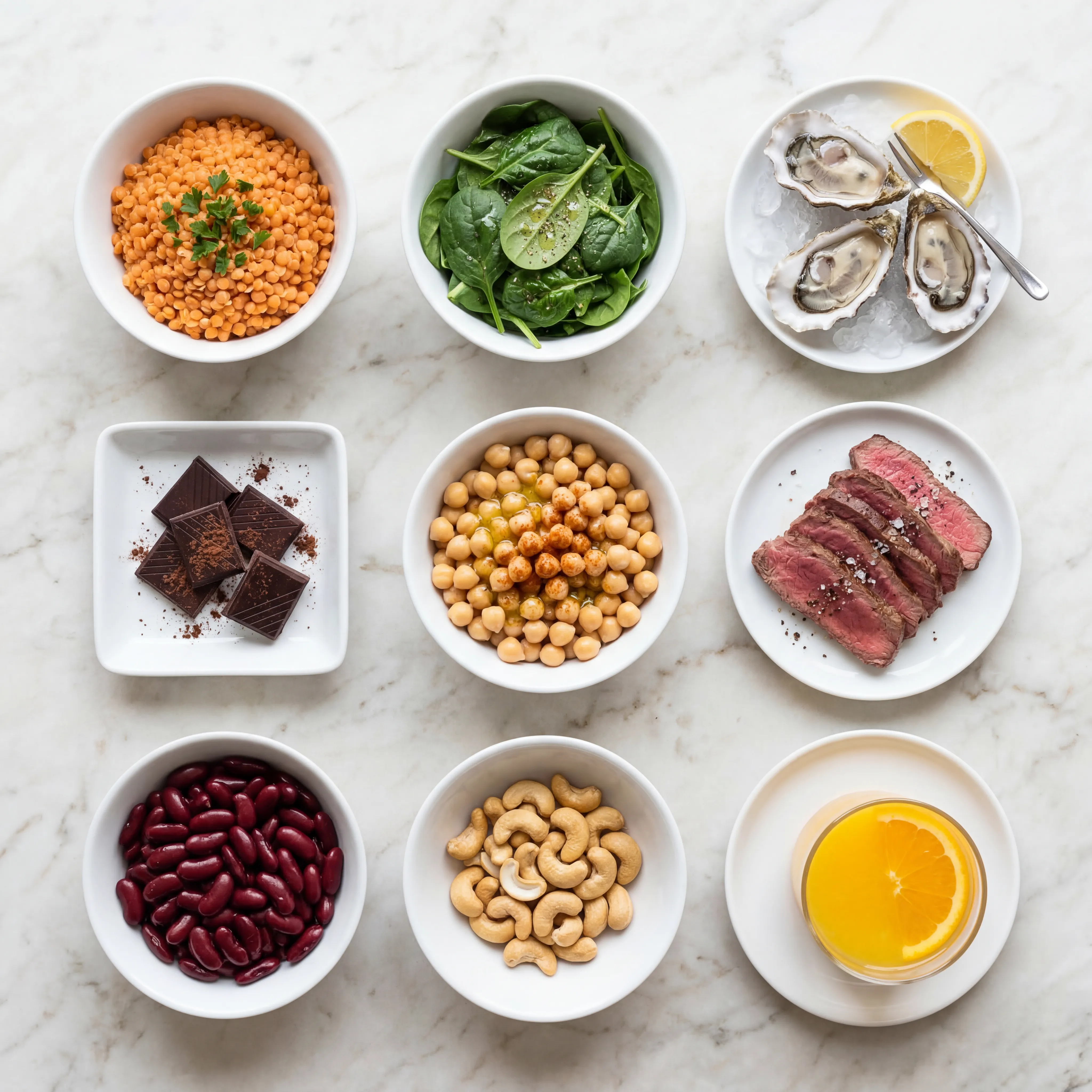 Overhead view of bowls containing lentils, dark leafy greens, oysters, beef, chickpeas, and dark chocolate arranged on a table