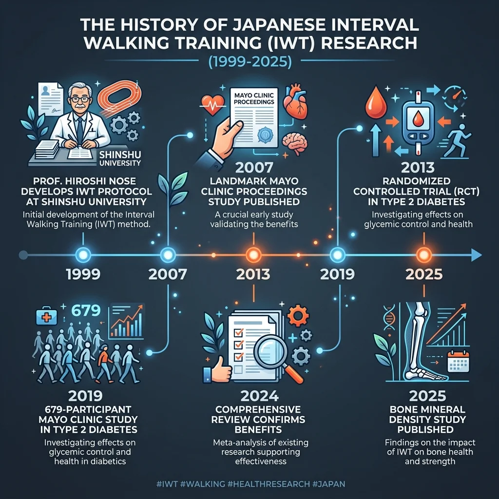 Timeline of interval walking training research milestones from 1999 to 2025