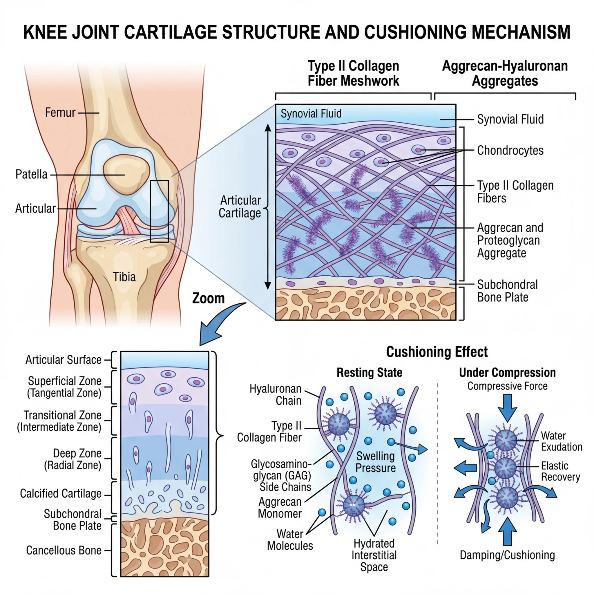 Cross-section illustration of knee joint cartilage showing Type II collagen fiber network cushioning bone surfaces