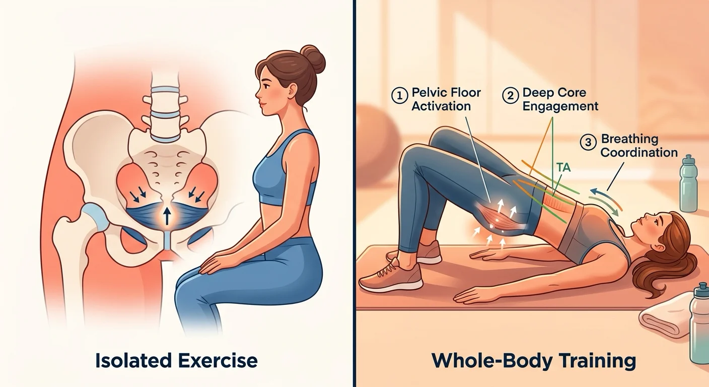 Side-by-side comparison showing basic Kegel isolation versus integrated whole-body pelvic floor training