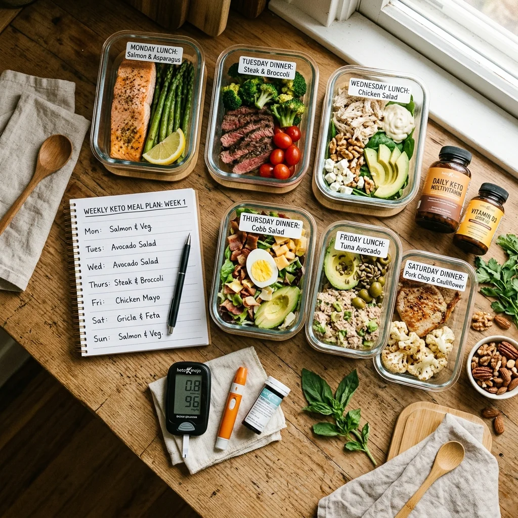 Ketogenic meal preparation scene with monitoring device, prepared meals, supplements, and weekly meal plan notebook