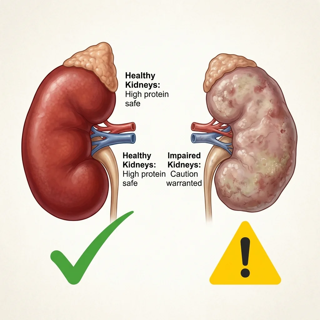 Medical illustration comparing healthy kidneys that can handle high protein versus impaired kidneys where caution is warranted