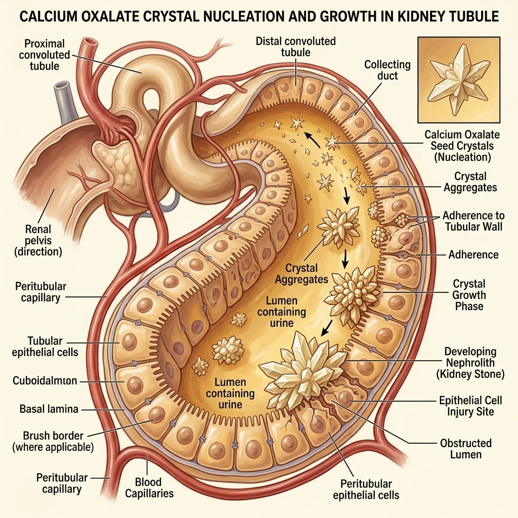 Cross-section illustration showing calcium oxalate crystal nucleation and growth stages in kidney tubule