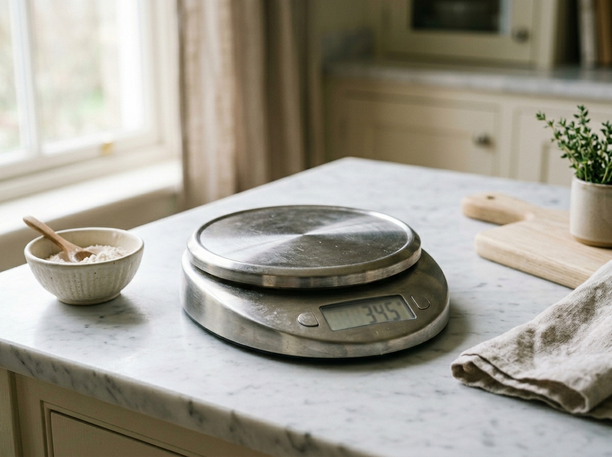 A kitchen scale on a marble counter in soft window light