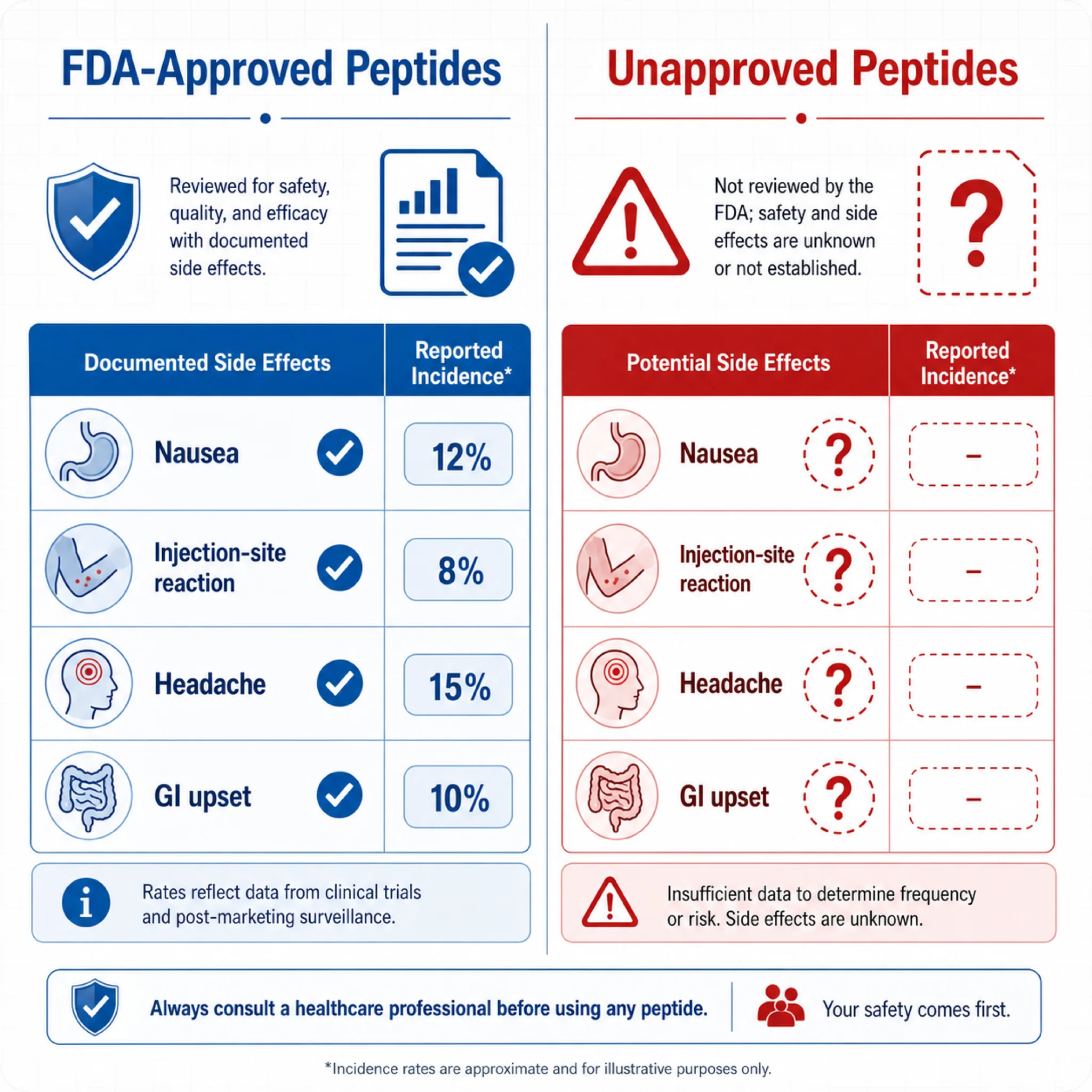 Comparison of known versus unknown side effect profiles for FDA-approved and unapproved peptides