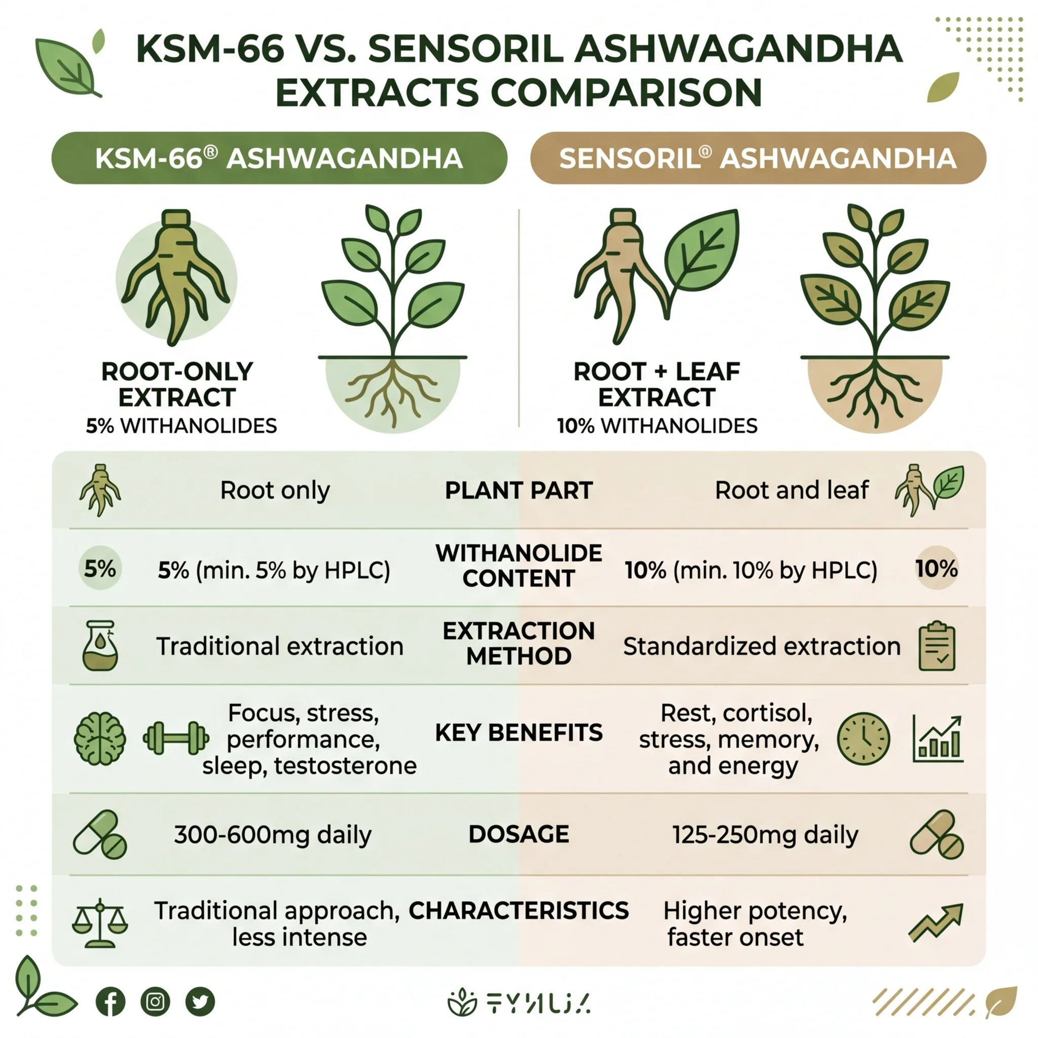 Side-by-side comparison infographic of KSM-66 and Sensoril extract differences