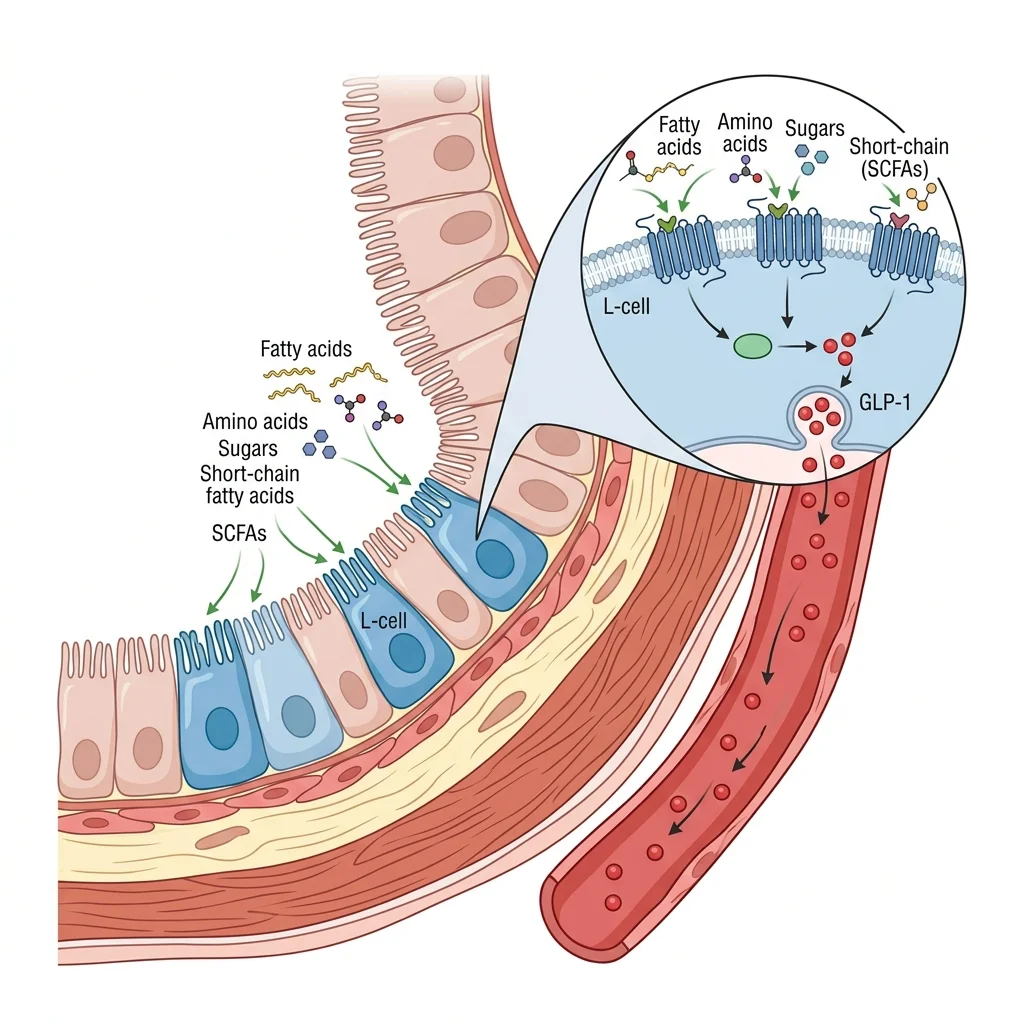 Infographic showing enteroendocrine L-cells detecting nutrients through GPCR receptors and releasing GLP-1