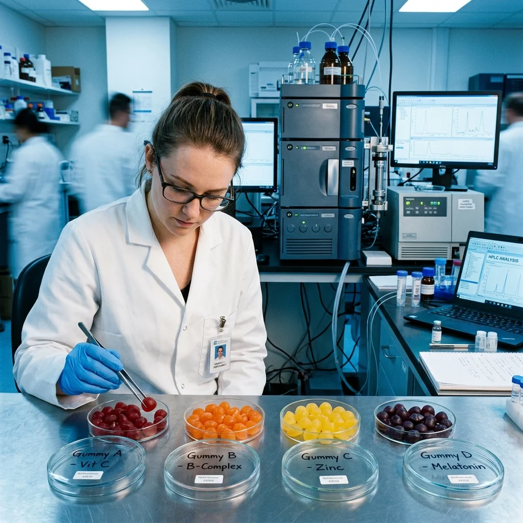 Laboratory analysis of gummy supplement contents using HPLC equipment