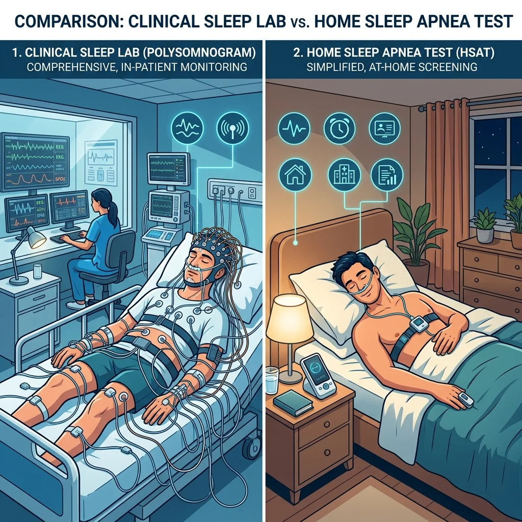 Side-by-side comparison of in-lab sleep study setup versus simple home sleep test equipment