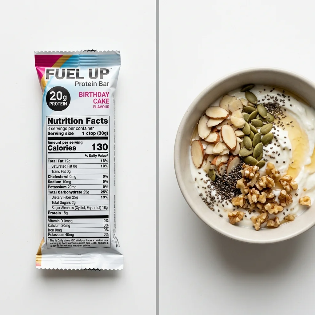 Side-by-side comparison of a commercial protein bar nutrition label versus a bowl of Greek yogurt with nuts