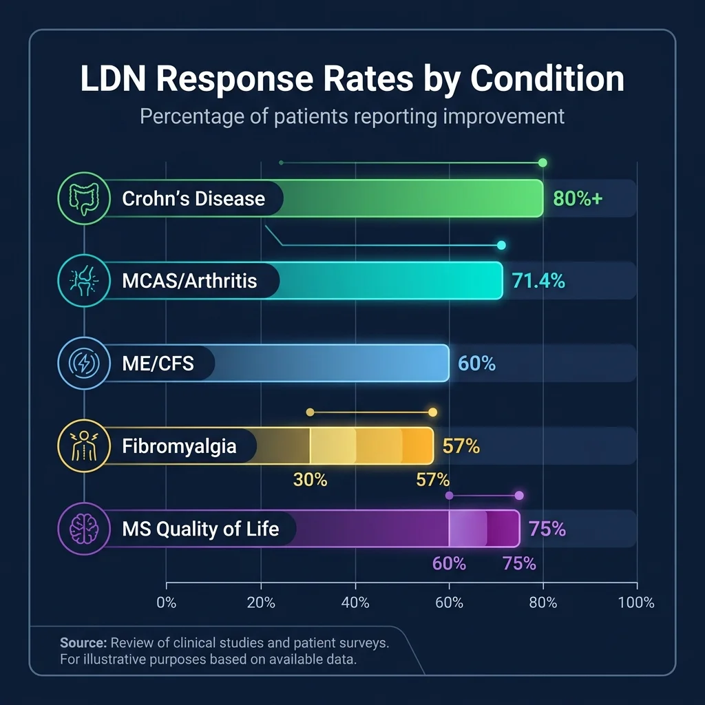 Horizontal bar chart comparing LDN response rates across Crohn's disease, MCAS, ME/CFS, fibromyalgia, and multiple sclerosis