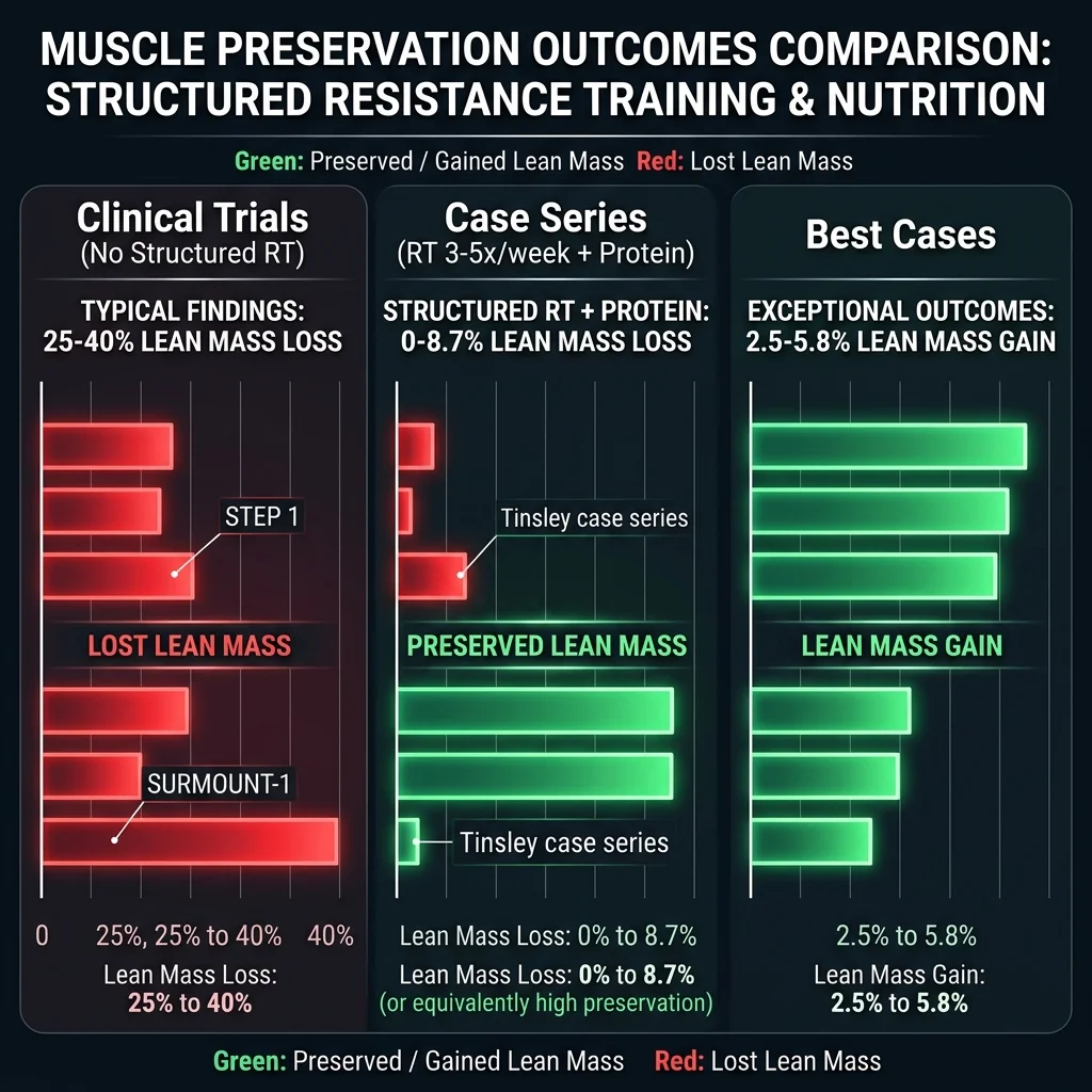 Infographic comparing lean mass loss percentages across GLP-1 clinical trials without resistance training versus case studies with structured resistance training programs