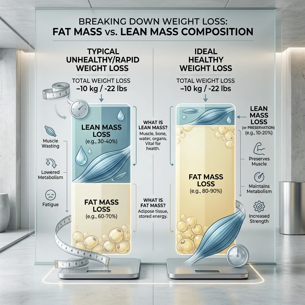 Infographic-style image showing weight loss broken into fat mass and lean mass components, clean editorial chart aesthetic, neutral palette, photorealistic editorial style