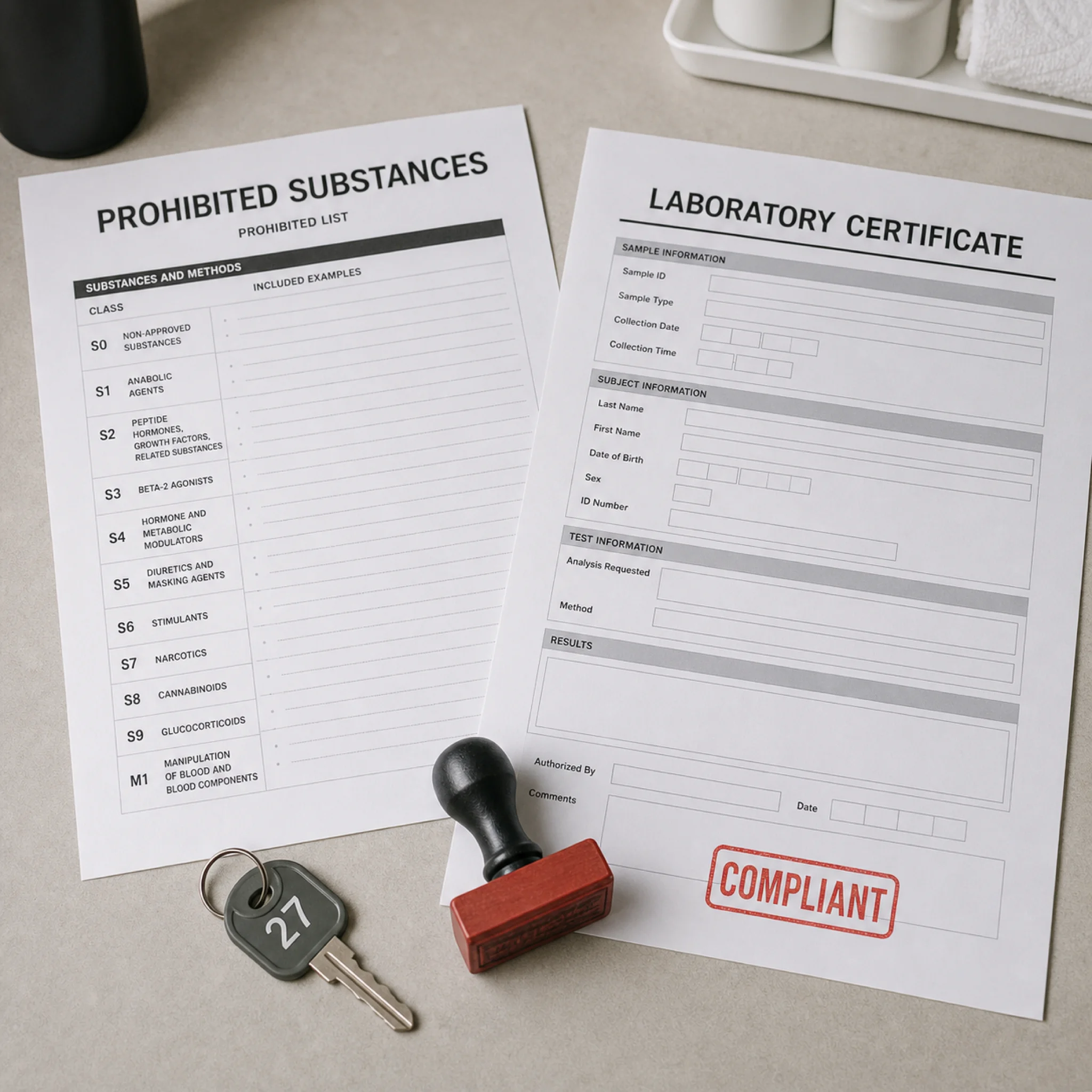 Anti-doping and quality-control documents beside a gym locker key