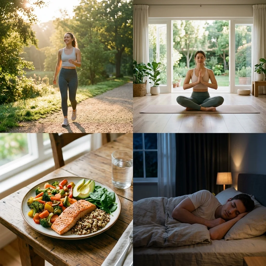 Split image showing morning sunlight exposure, moderate exercise, consistent sleep routine, and stress management practices