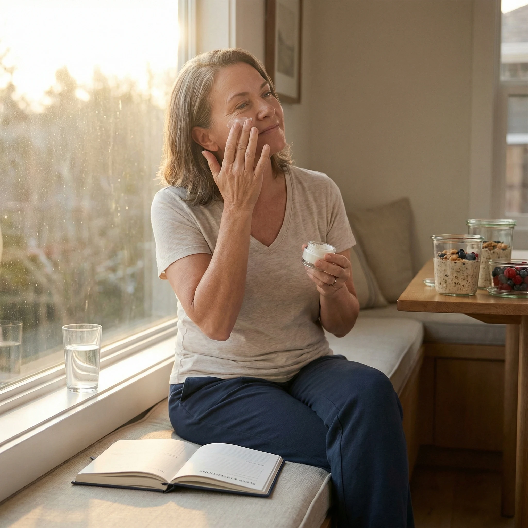 Morning healthy-aging routine near a window with moisturizer application, hydration, and habit tracking