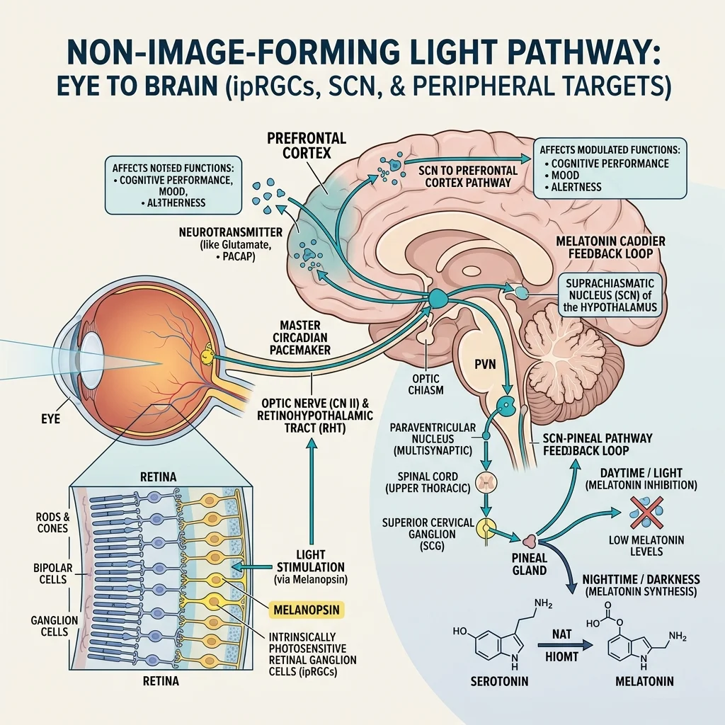 Diagram showing how light travels from the retina through ipRGCs to the brain's master clock and mood-regulating regions
