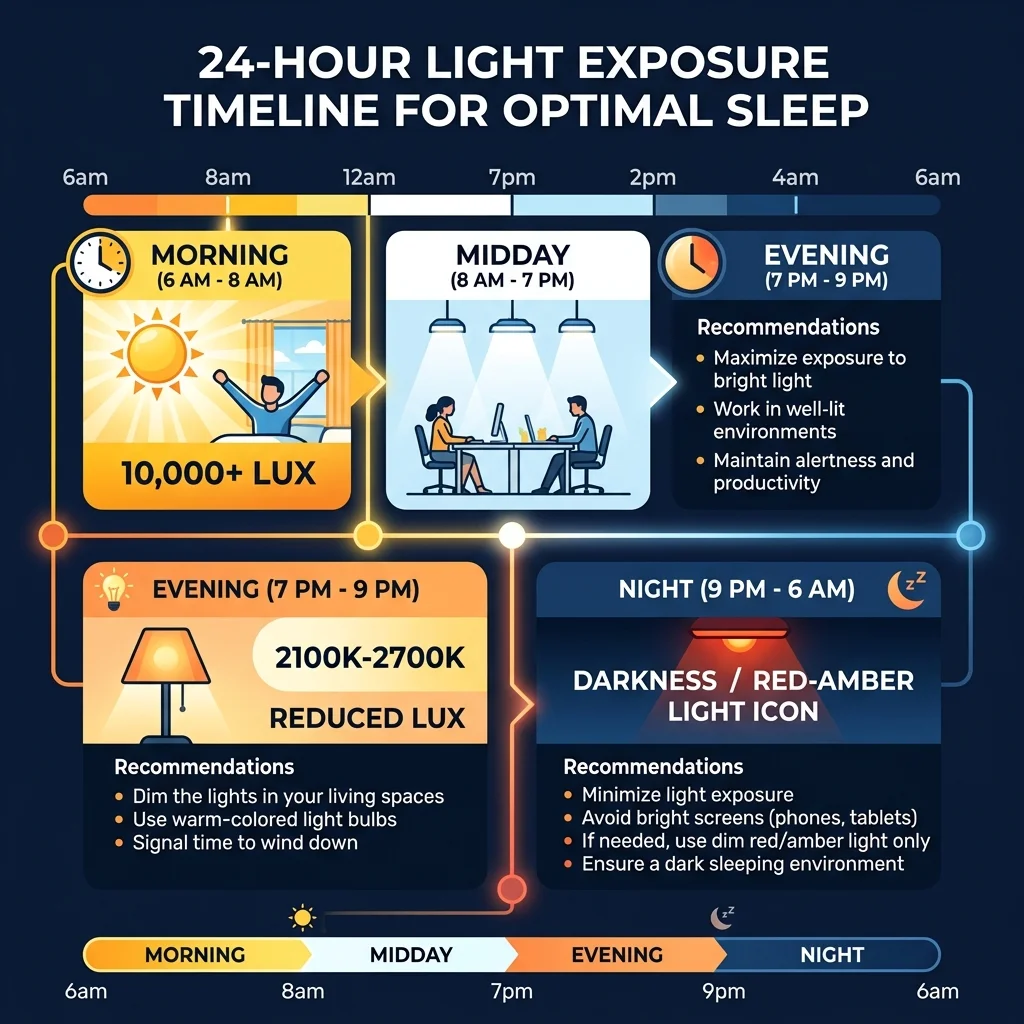 24-hour light exposure protocol for optimal sleep showing recommended lux levels and light temperatures throughout the day