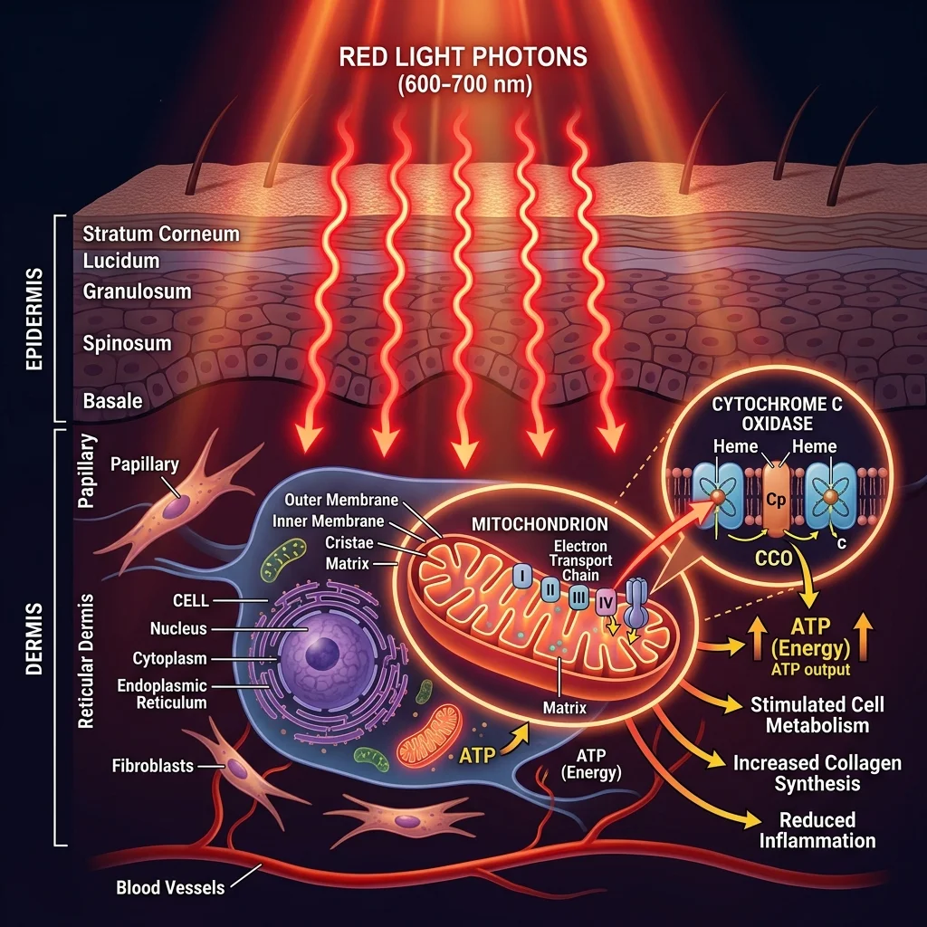 Cross-section showing how red light penetrates skin layers to reach mitochondria in cells