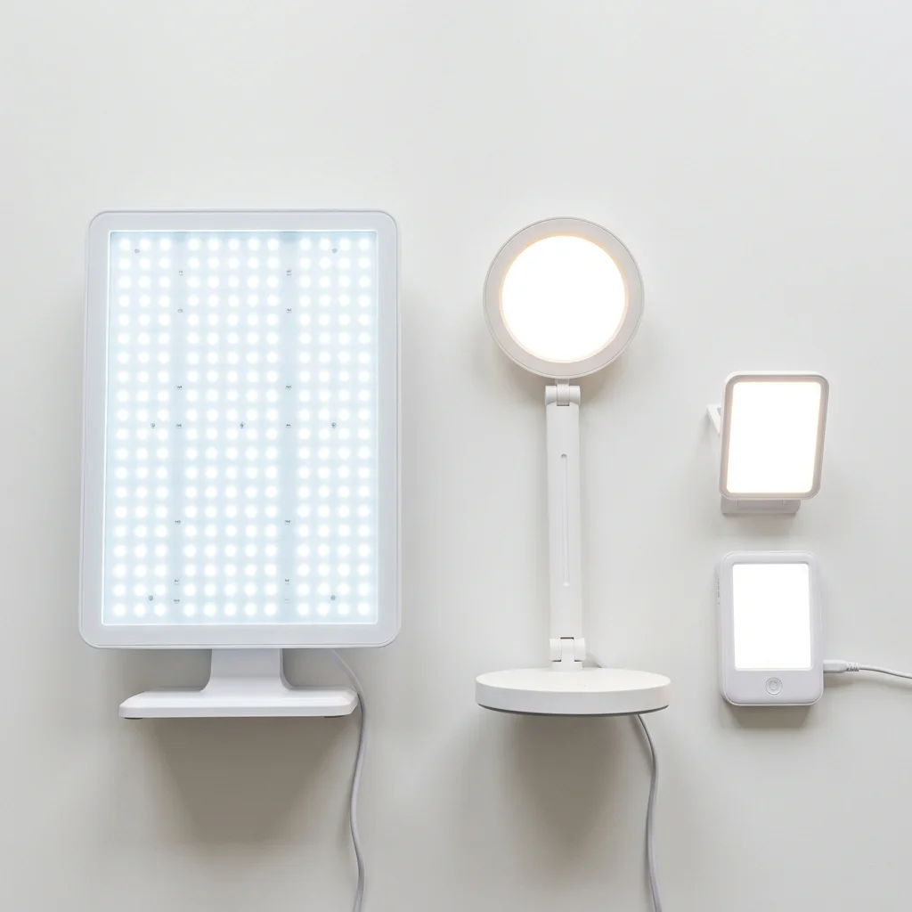 Three light therapy devices of different sizes arranged for comparison showing the range of available form factors