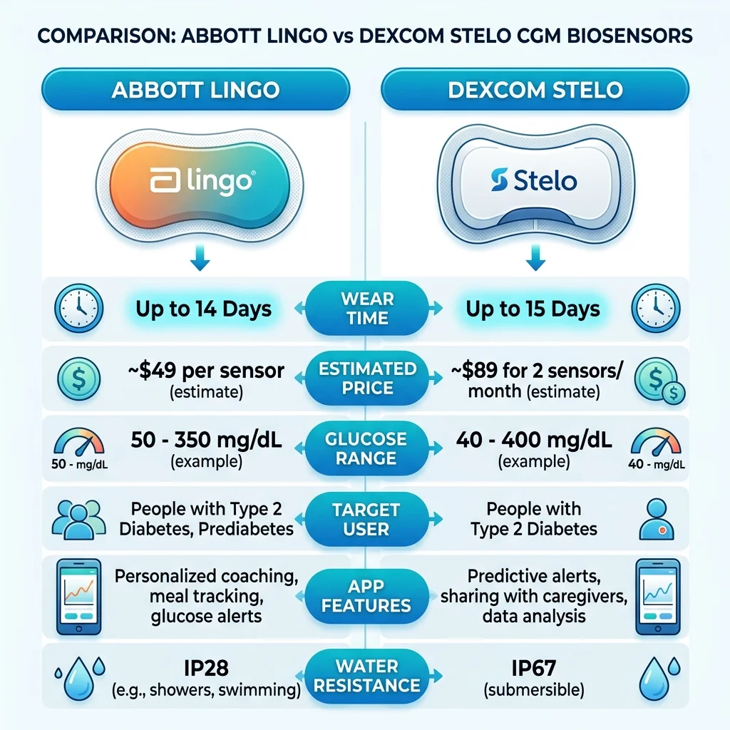Comparison infographic showing Abbott Lingo and Dexcom Stelo specifications side by side