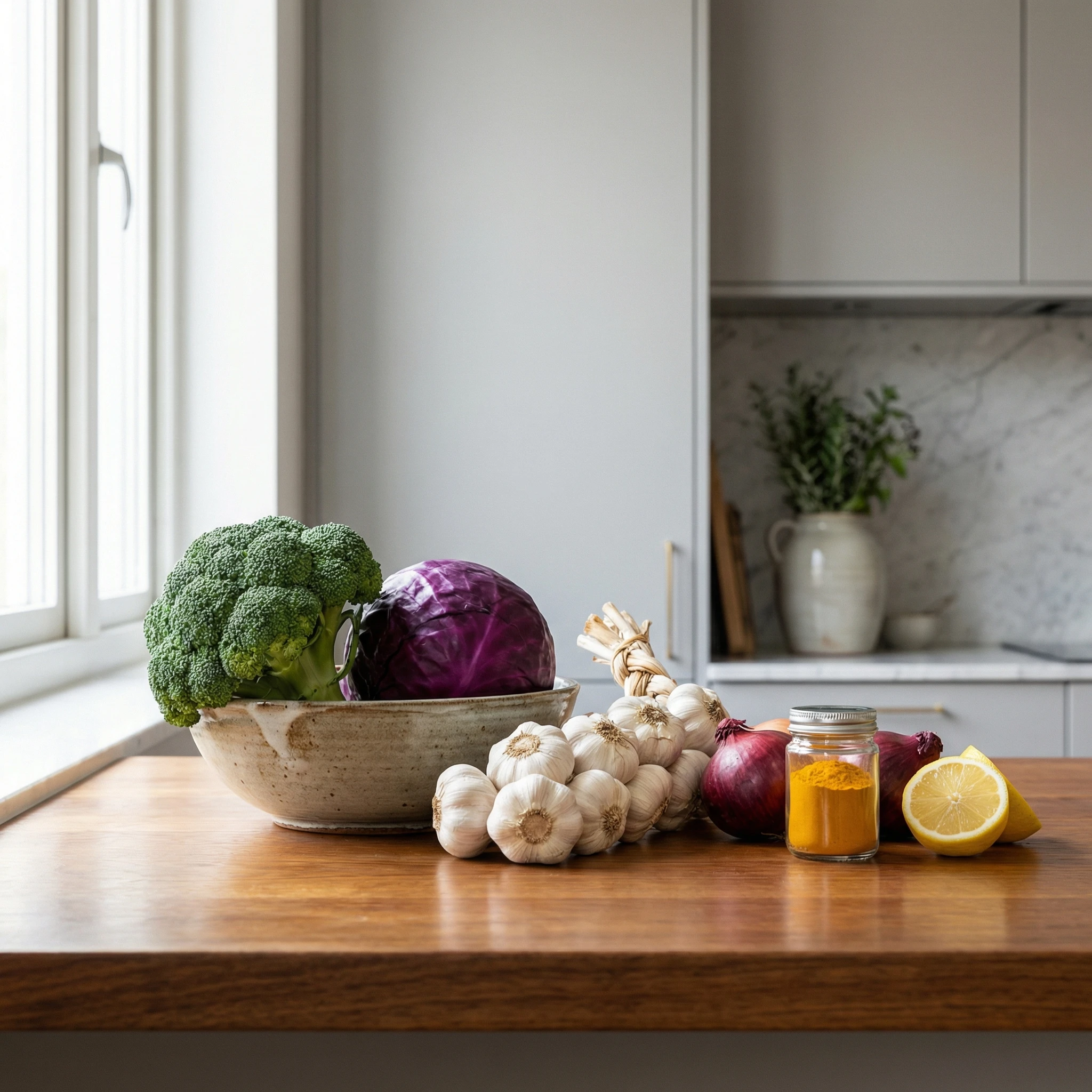 Cutting board with broccoli, cabbage, garlic, turmeric, and lemon representing cruciferous and allium foods for liver-supportive meals.
