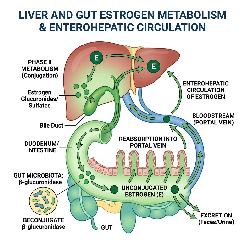 Diagram showing the liver-gut estrogen metabolism pathway including enterohepatic circulation
