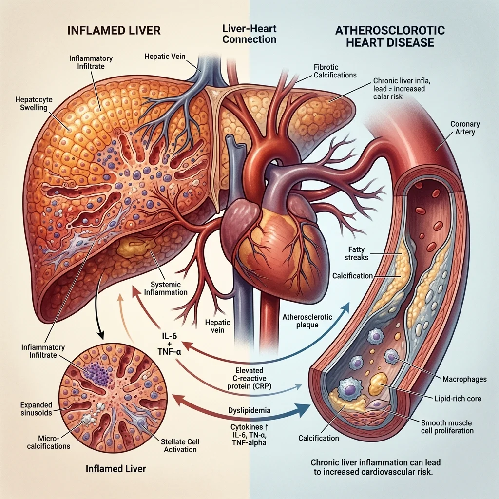Anatomical illustration showing the biological connection between liver inflammation and cardiovascular disease progression