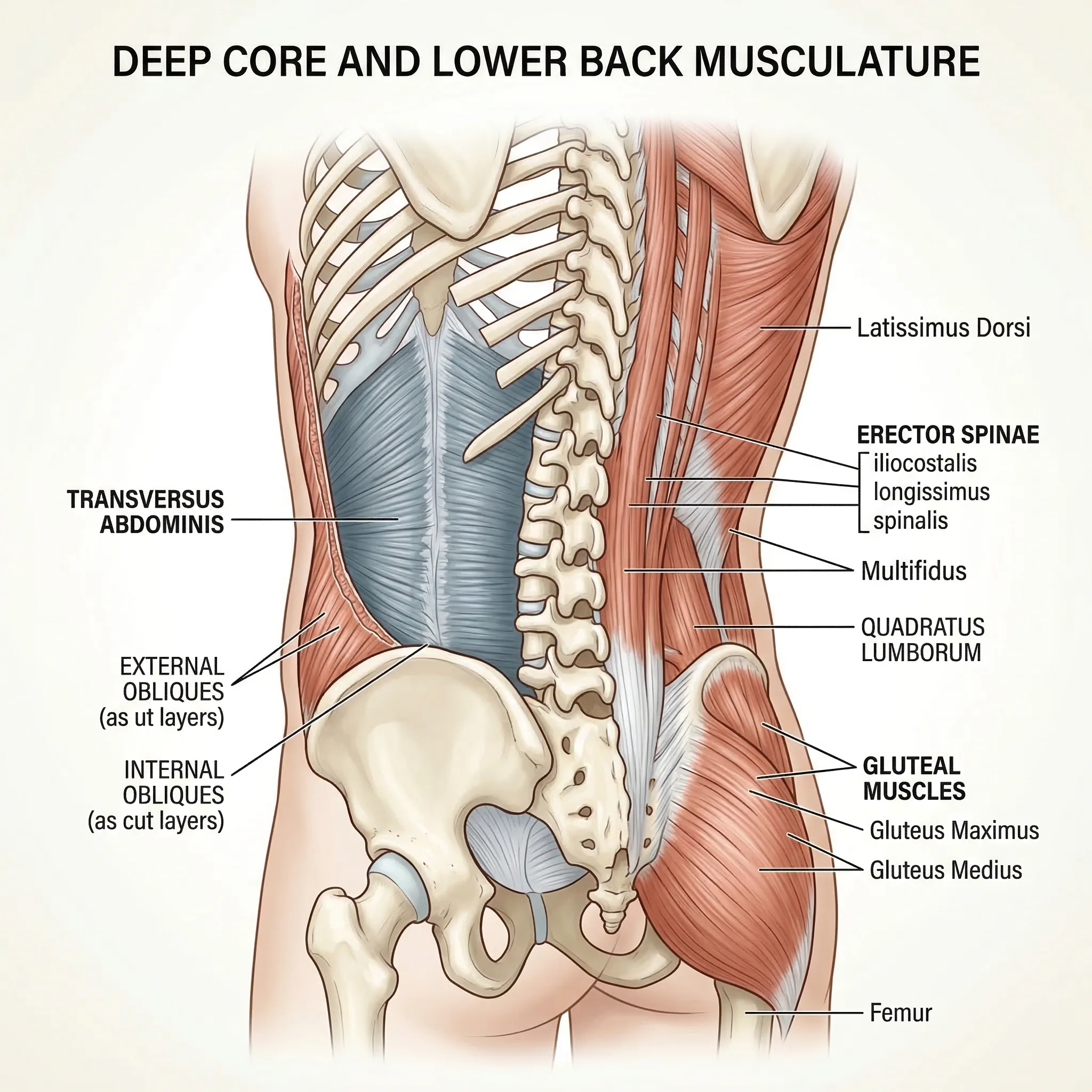 Anatomical illustration showing the core stabilizer muscles, back extensors, and hip flexors that support the lumbar spine
