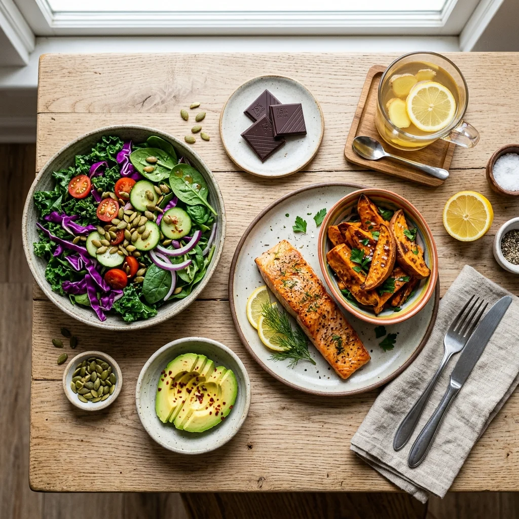 Nutrient-dense meal with dark leafy greens, salmon, sweet potatoes, and pumpkin seeds for luteal phase support