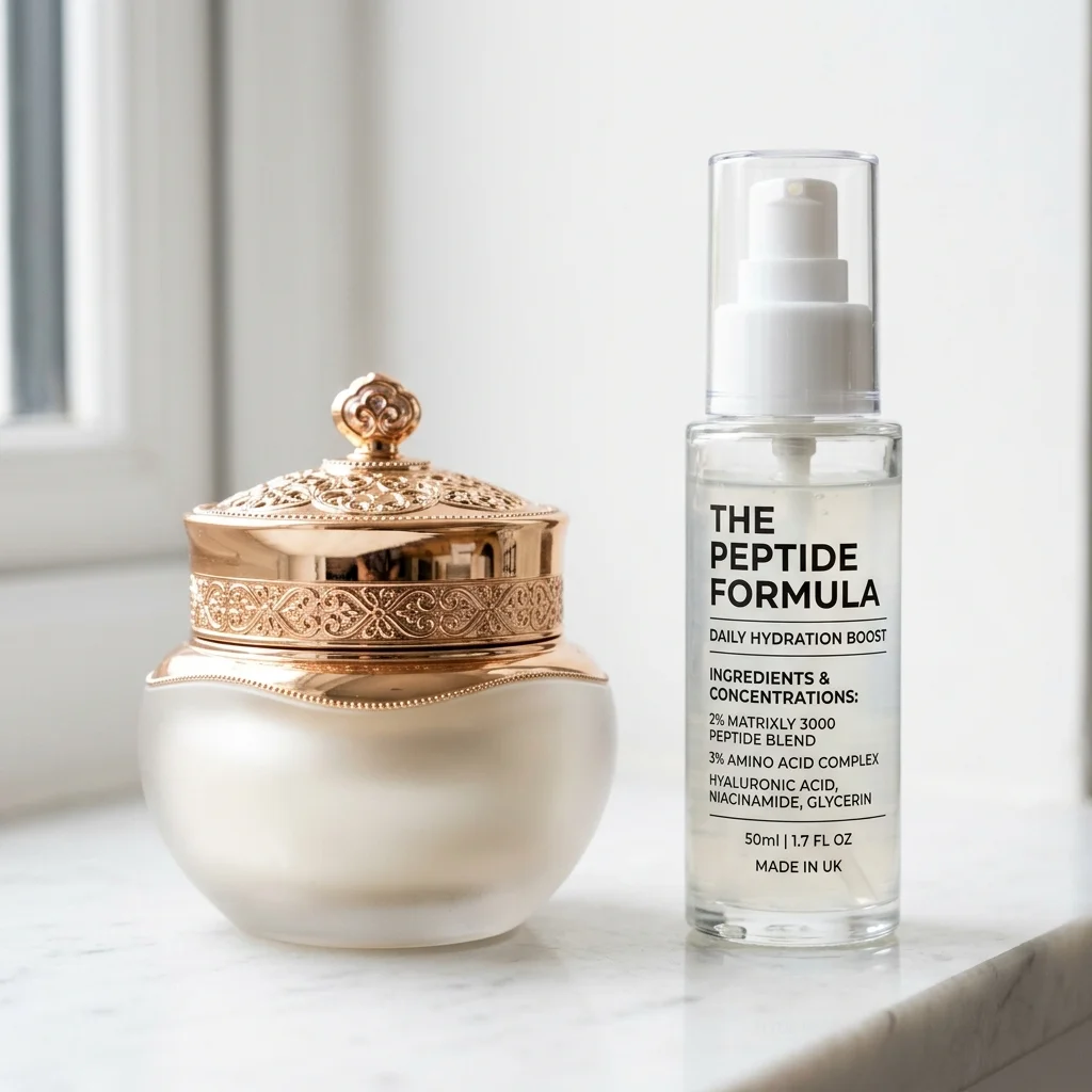 Comparison of luxury peptide cream packaging with a transparent peptide formula
