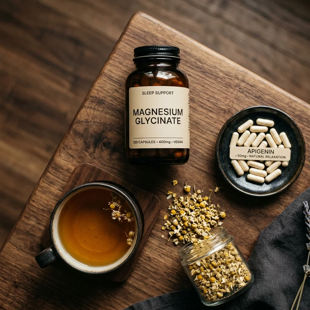 Magnesium glycinate and apigenin supplements arranged with chamomile flowers for a sleep optimization protocol