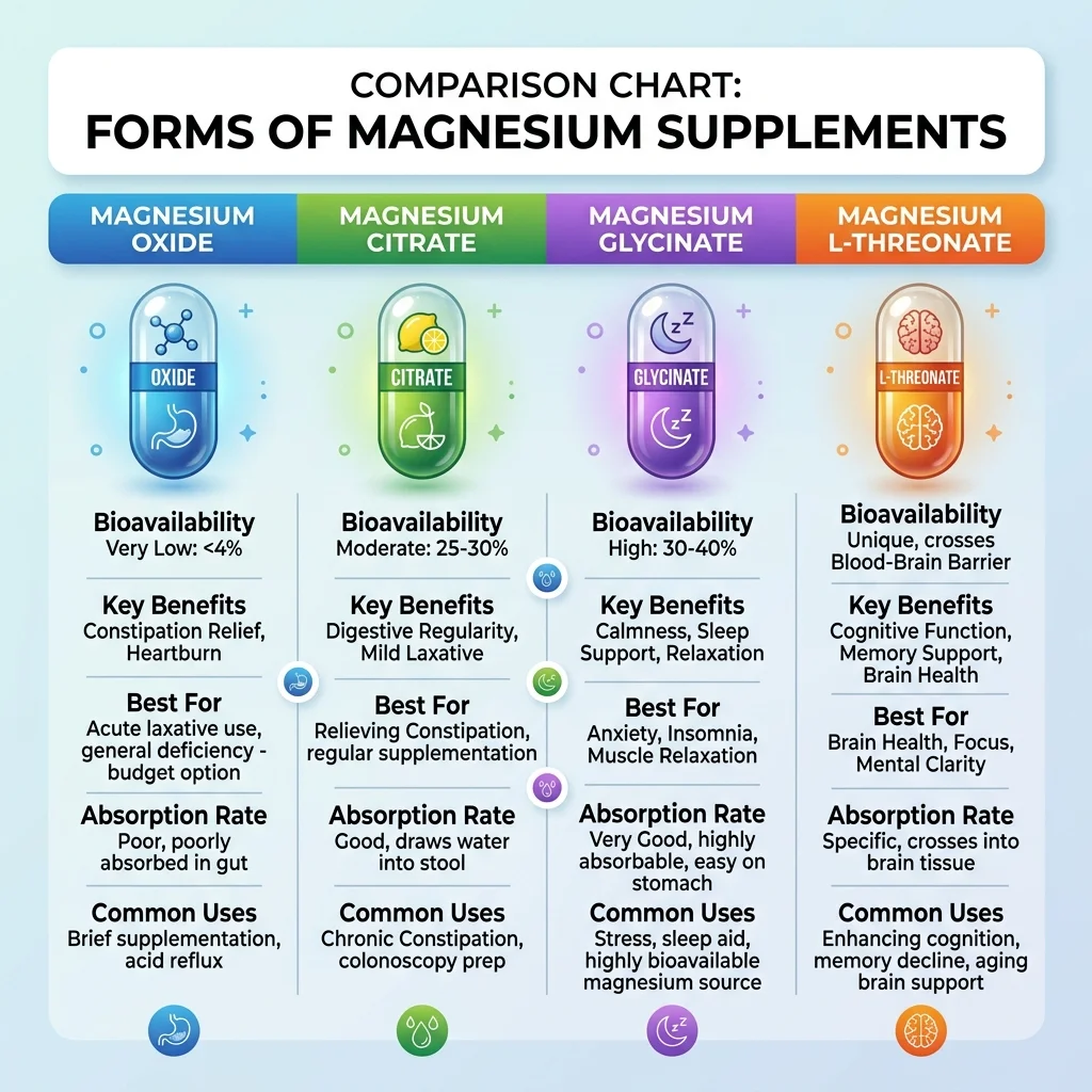 Visual comparison of magnesium supplement forms showing bioavailability and elemental magnesium content differences