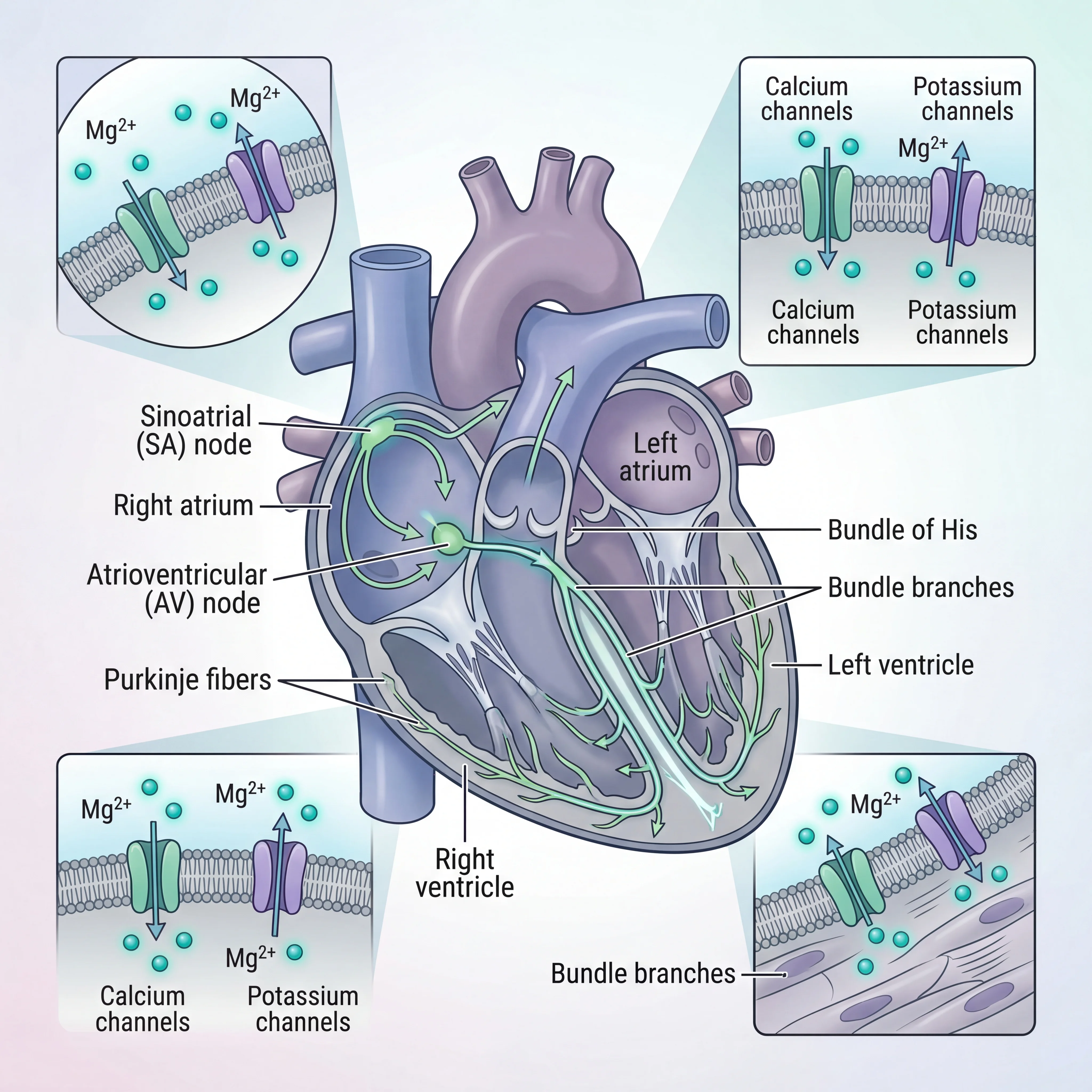 Infographic showing how magnesium ions regulate electrical signals in the heart through calcium and potassium channel modulation