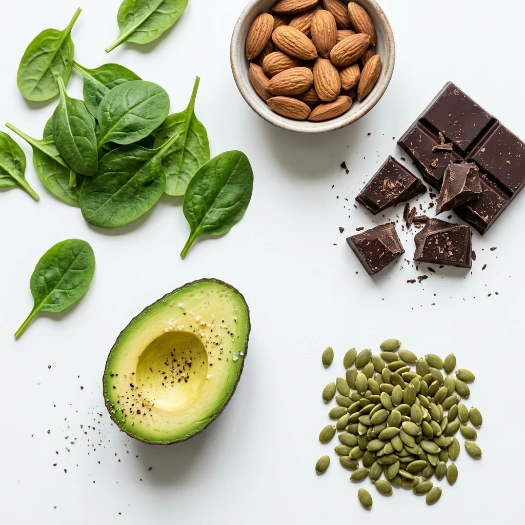 Overhead arrangement of magnesium-rich whole foods including dark leafy greens, almonds, pumpkin seeds, avocados, and dark chocolate