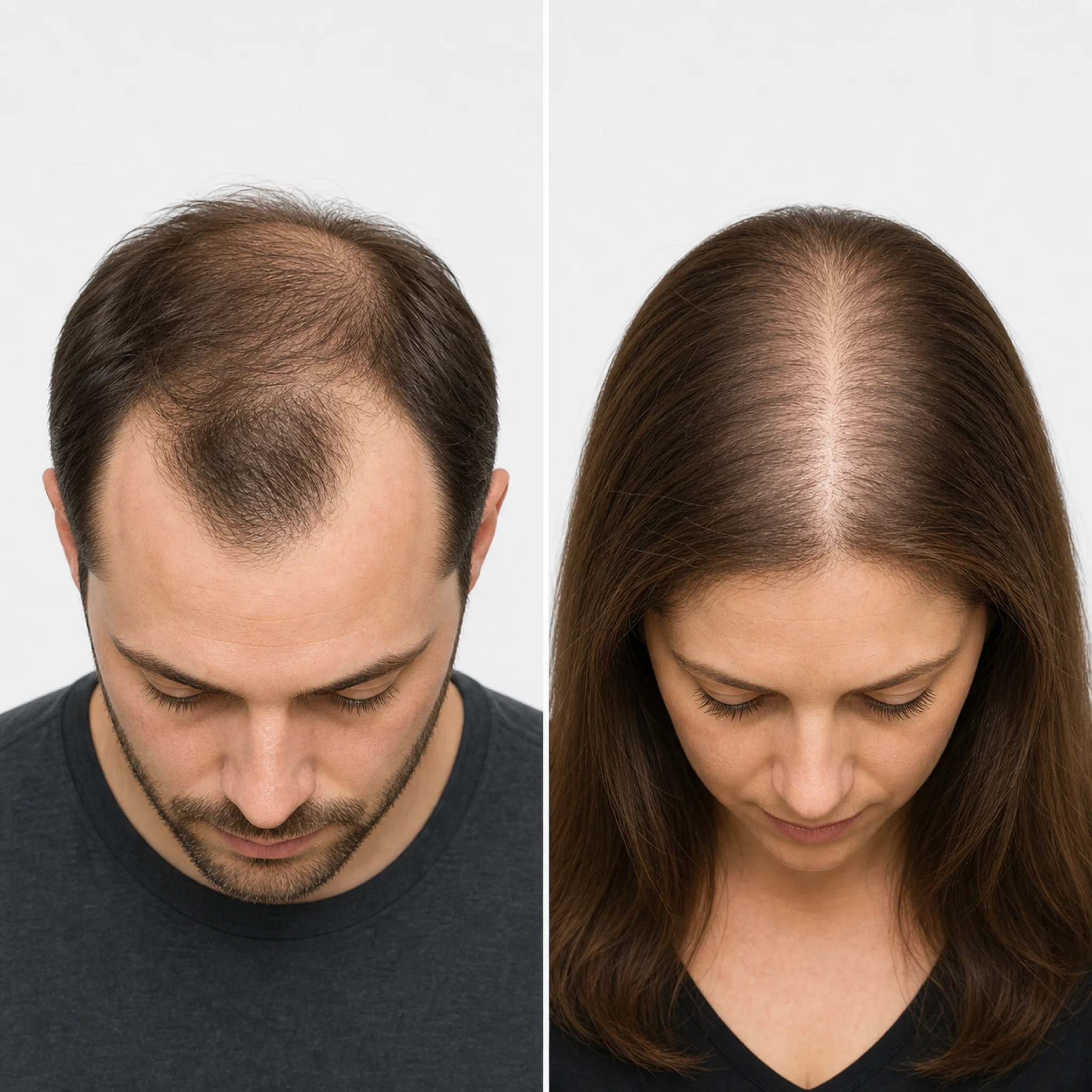 Side-by-side comparison showing male temple recession versus female diffuse thinning pattern
