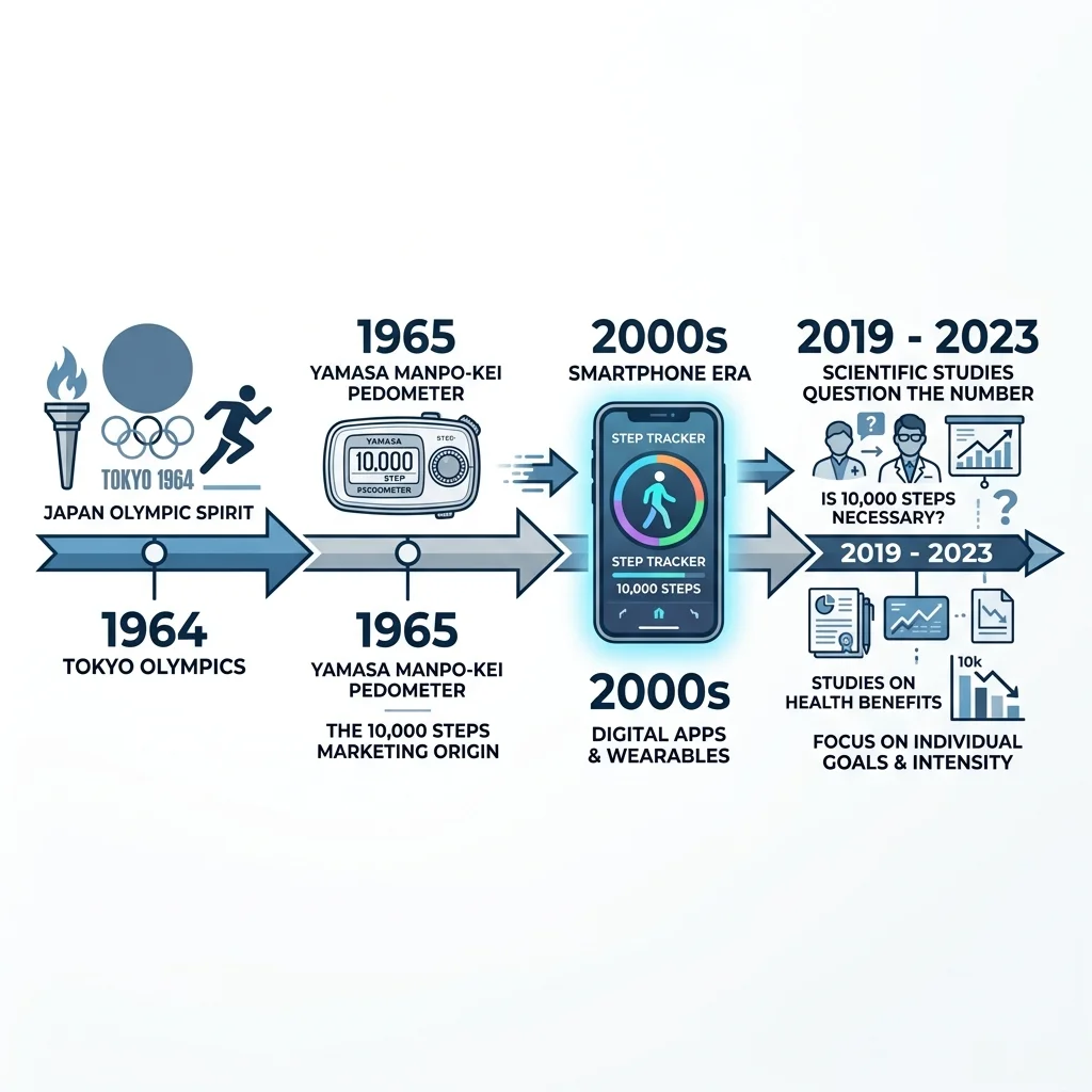 Infographic showing the timeline from 1964 Tokyo Olympics to the modern fitness tracker era and the evolution of the 10,000 steps concept