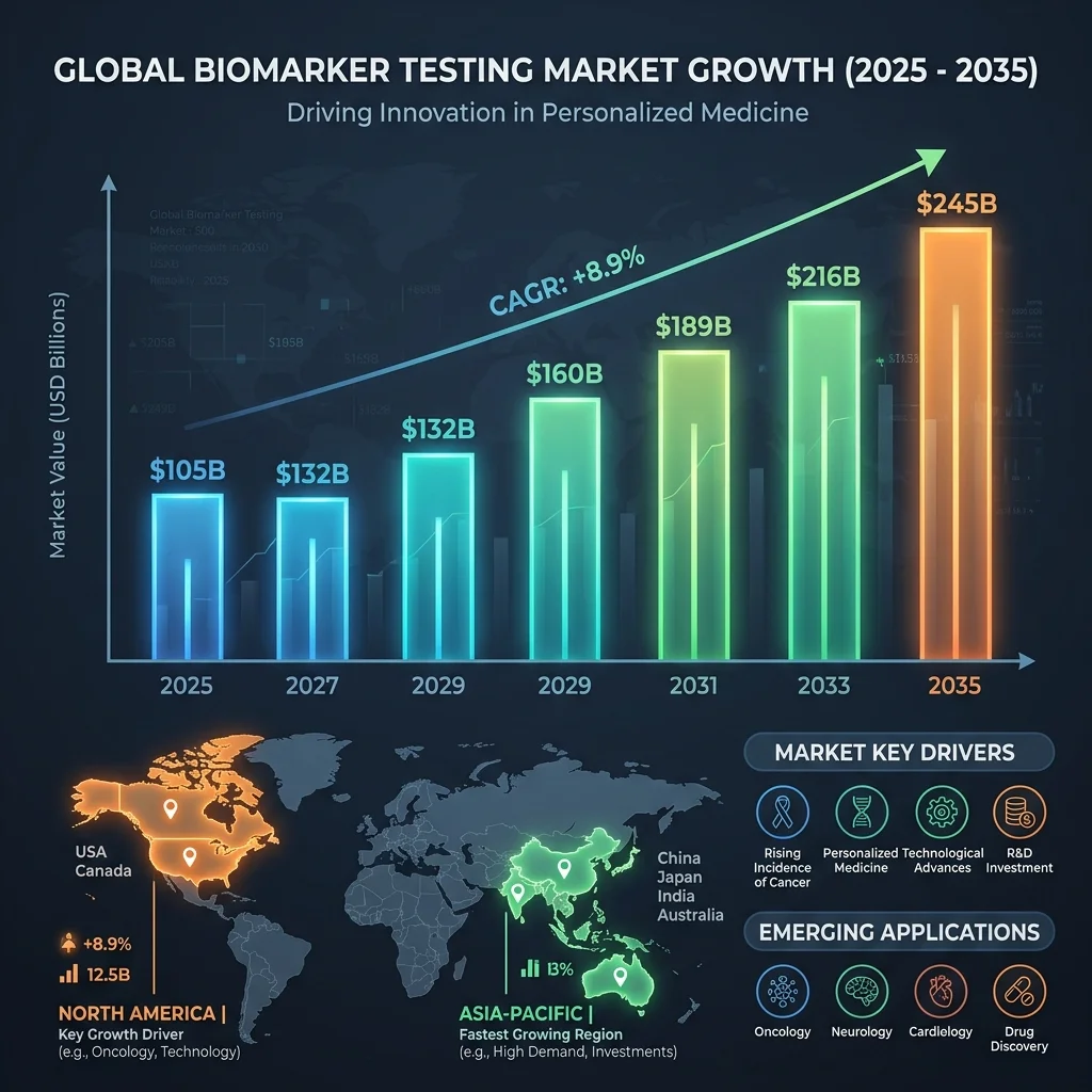 Biomarker testing market growth visualization from 2025 to 2035 showing regional distribution