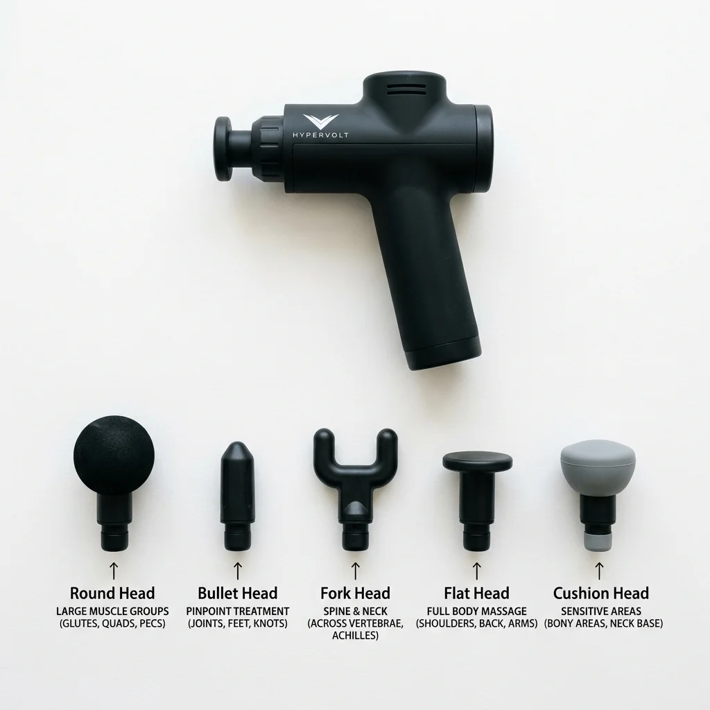 Massage gun with various attachment heads displayed for different muscle group applications