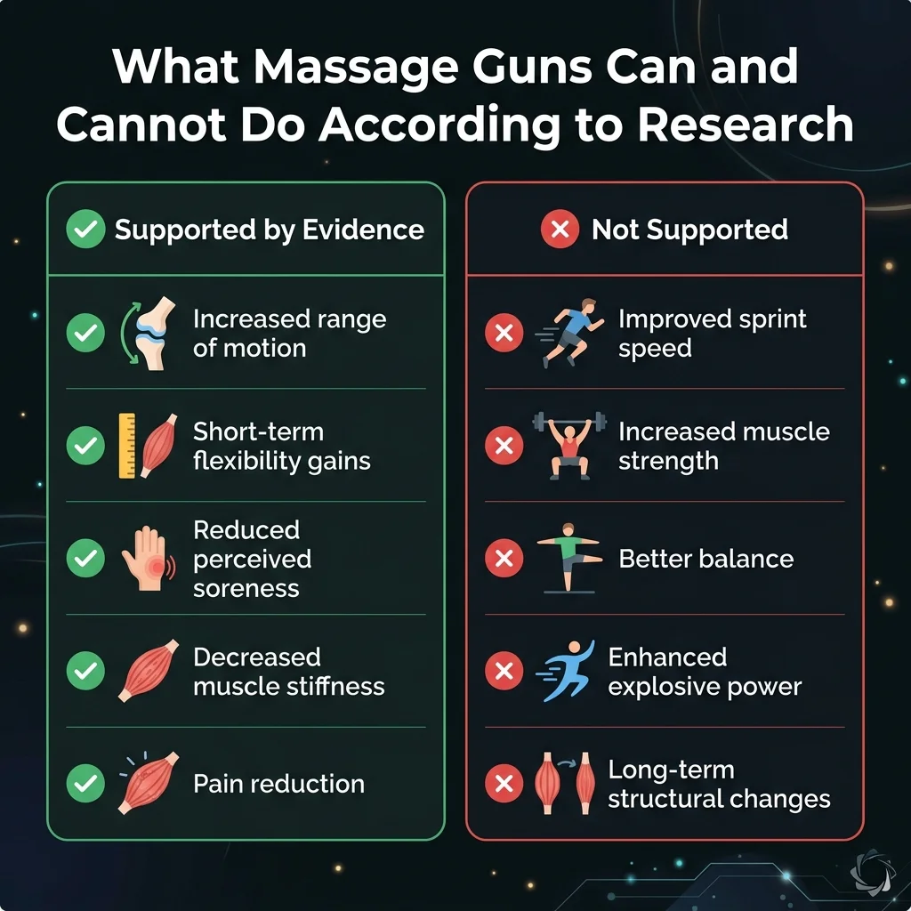 Infographic comparing what massage guns can and cannot do based on clinical research