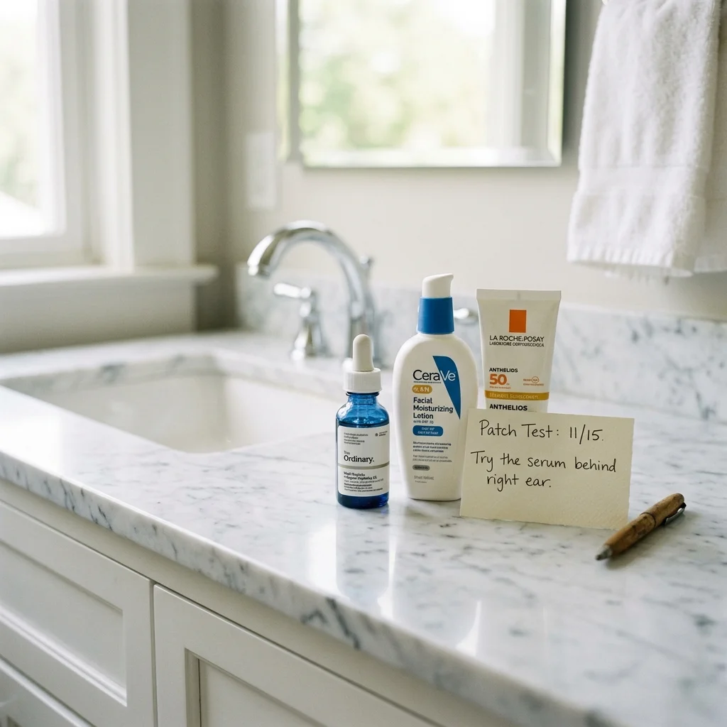 Simple Matrixyl 3000 routine with moisturizer, sunscreen, and patch test note