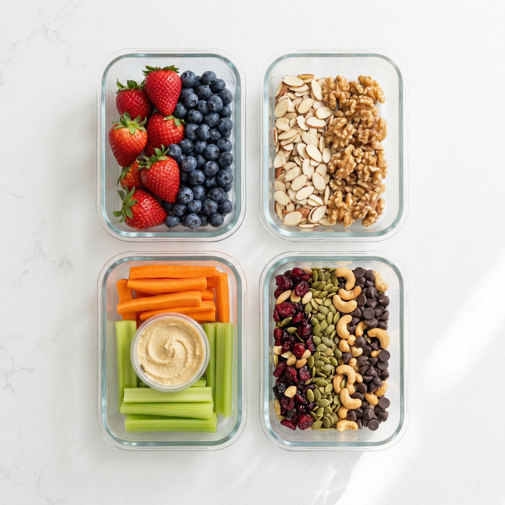 Four glass meal prep containers filled with pre-portioned healthy snacks including mixed berries, sliced almonds, carrot sticks with hummus, and trail mix