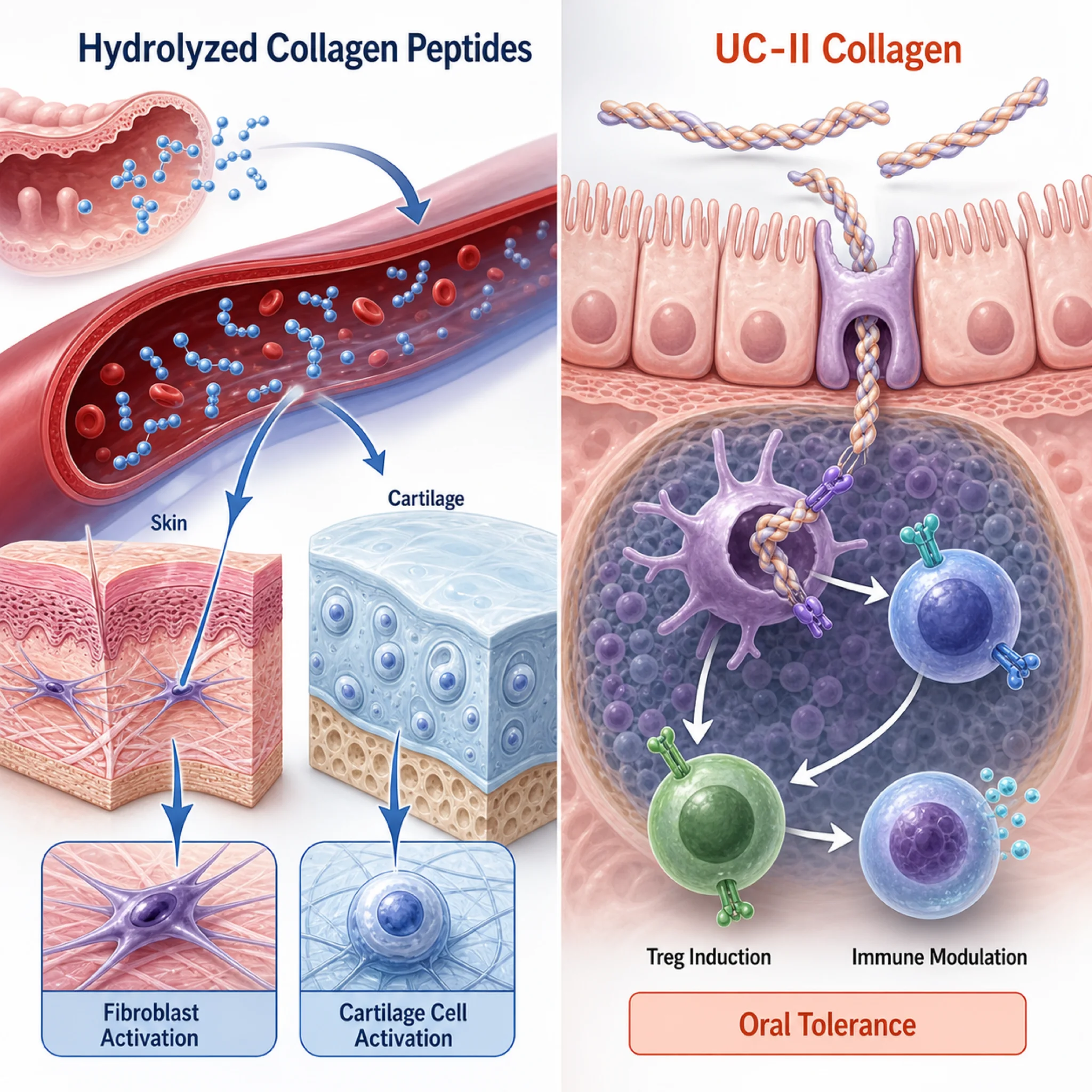 Comparison illustration of hydrolyzed collagen signaling mechanism versus UC-II immune tolerance mechanism