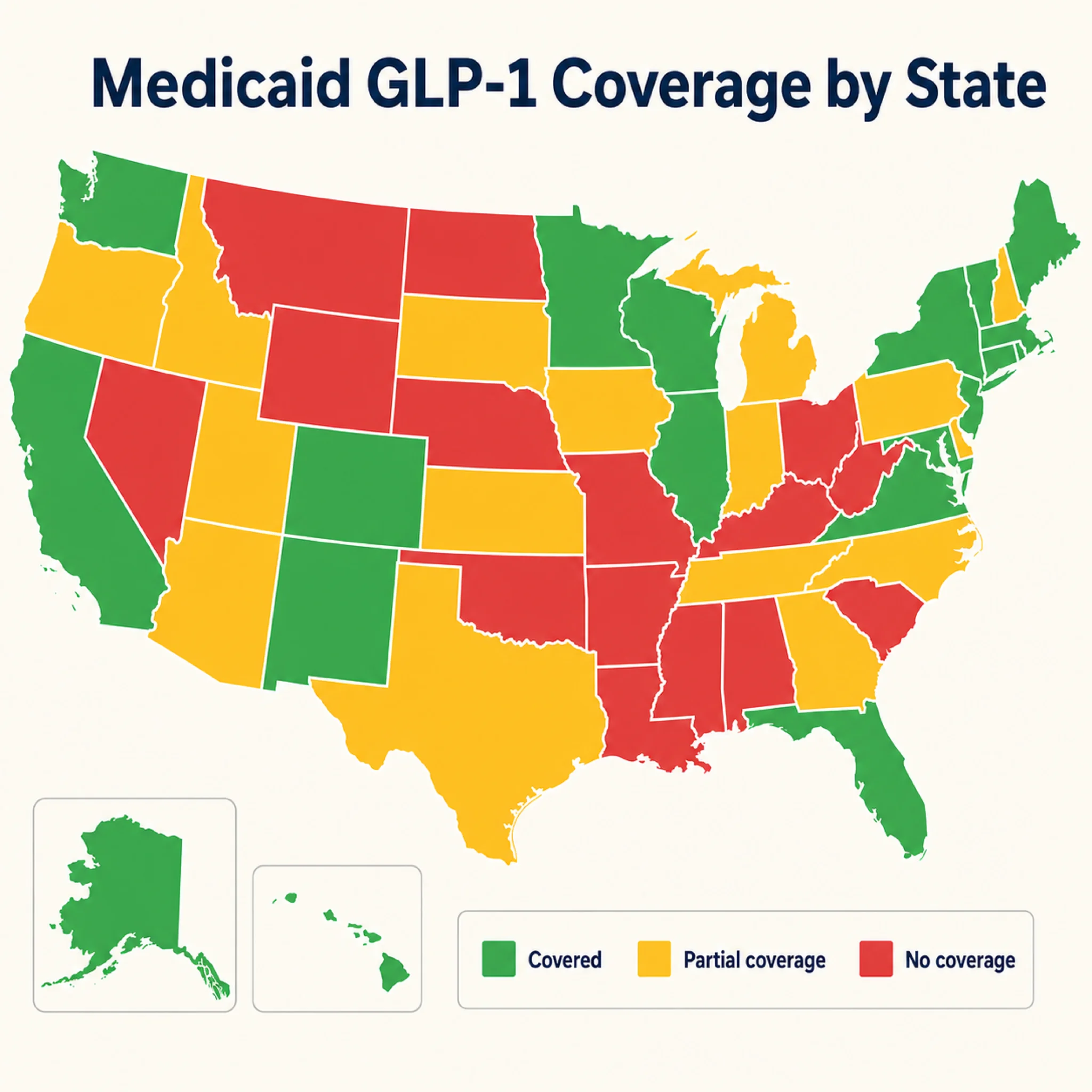 US map showing state-by-state Medicaid coverage status for GLP-1 weight loss medications
