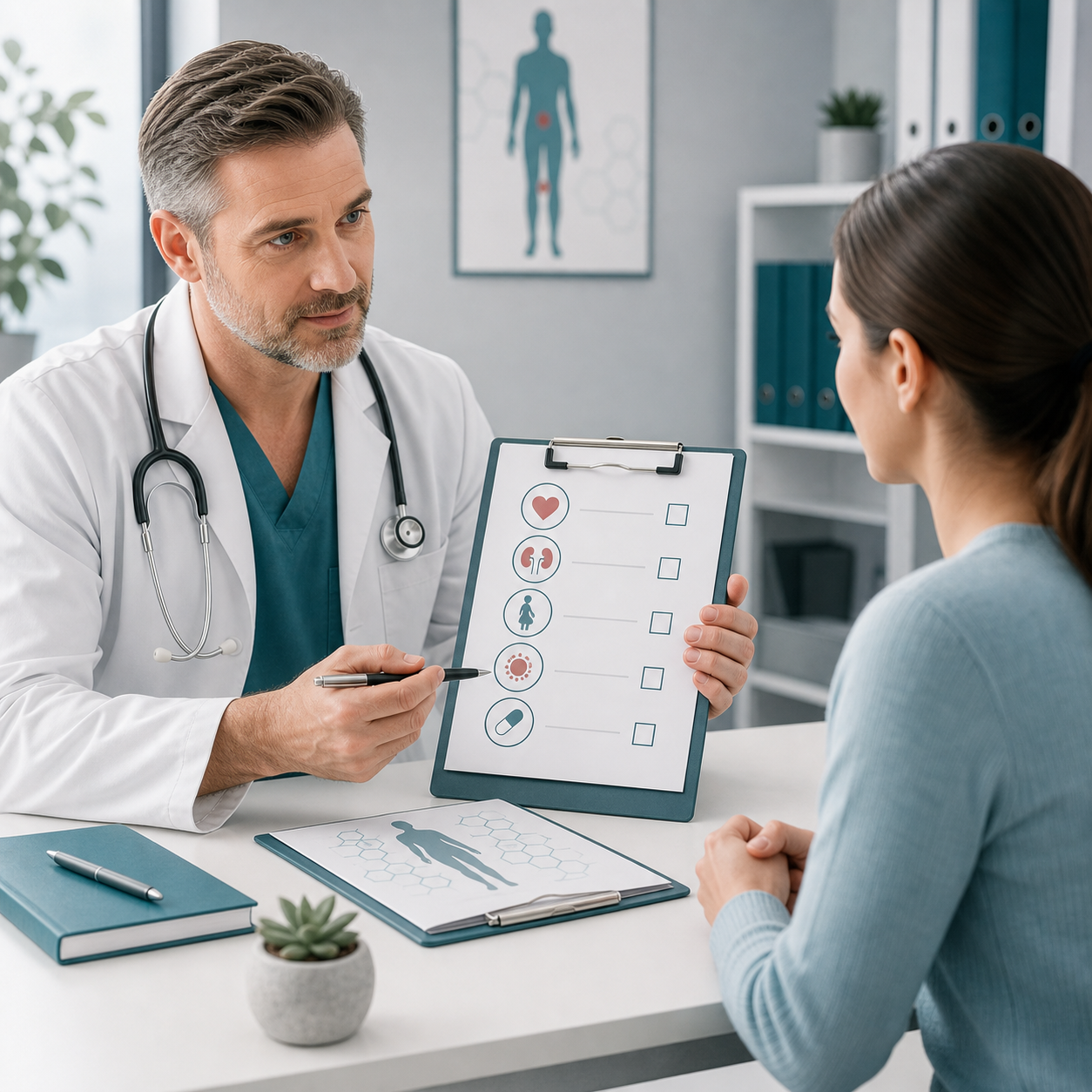 Clinician reviewing medical-history risk factors before peptide use