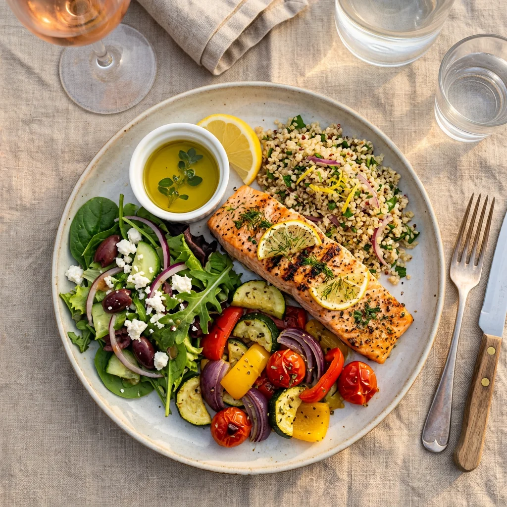 A balanced Mediterranean-style meal plate with grilled salmon, quinoa, roasted vegetables, and olive oil