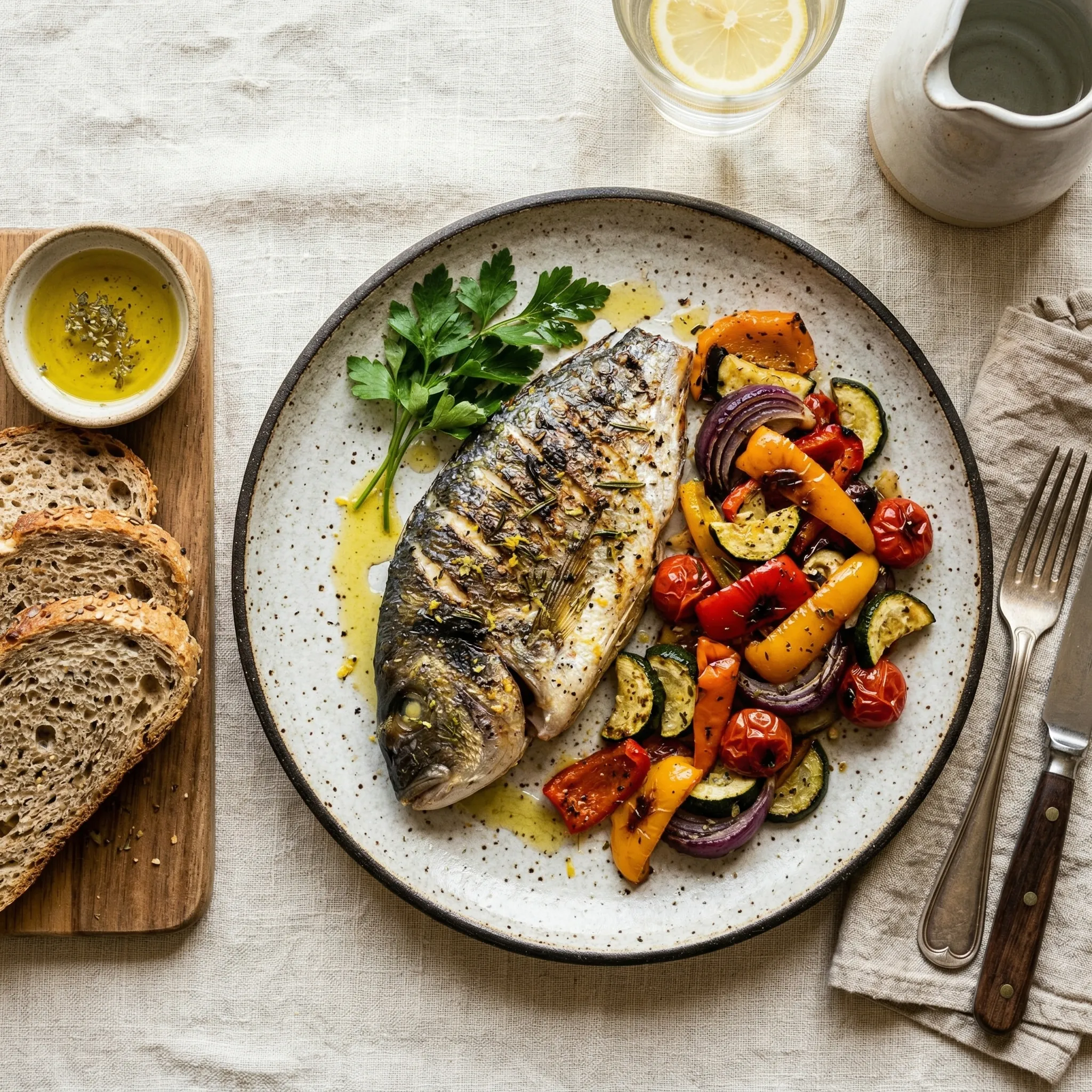 Overhead view of a Mediterranean-style meal plate with grilled fish, olive oil, vegetables, and whole grains